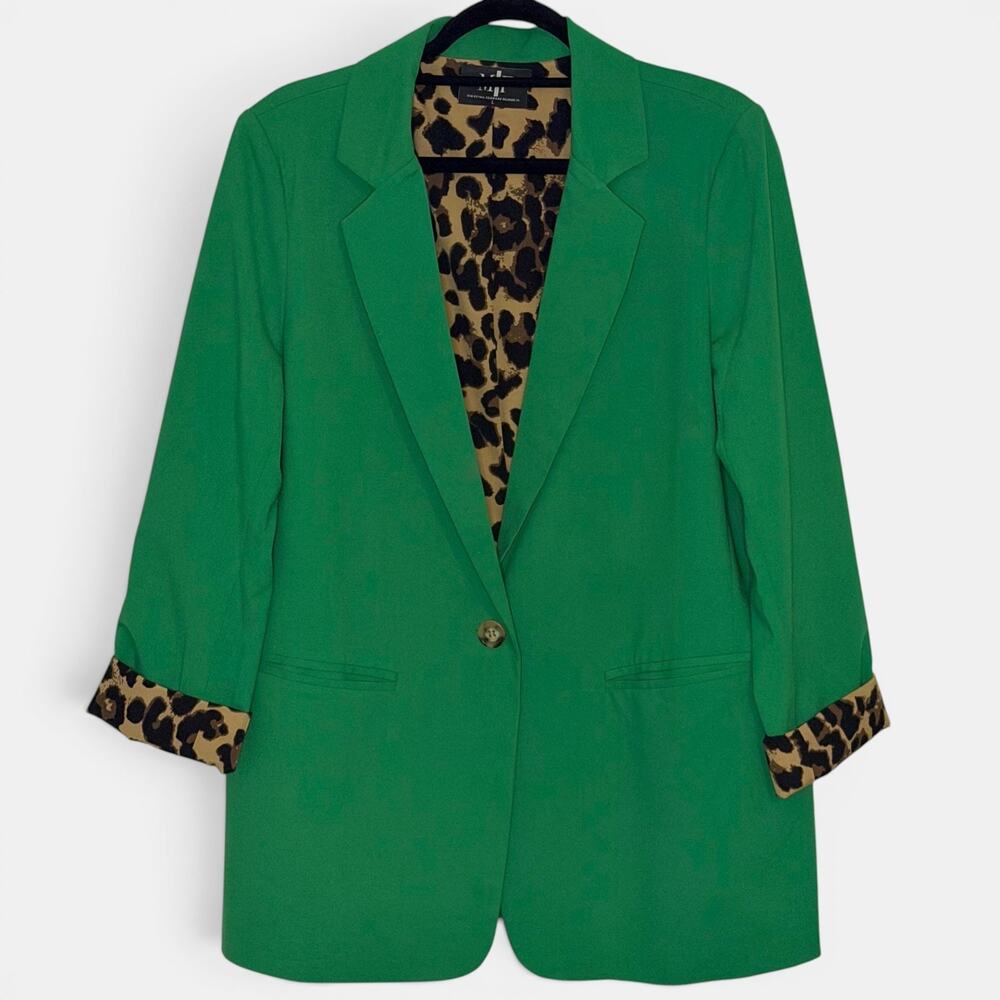 Moving Forward Tiger Blazer Size L Kelly Green Rhinestone Mob Wife Leopard Lined - Picture 4 of 10